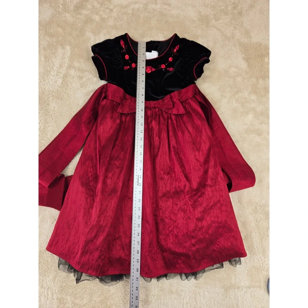 Jona‎ Michelle Girls Black Velvet Red Rose Trim Dress Sparkle Skirt Size 6